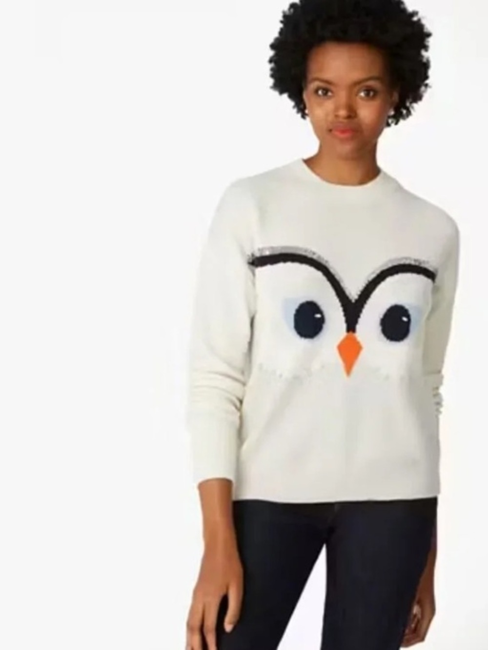 Kate Spade Hoot Embellished Owl Wool Blend Sweater in Ivory and Gray Size Large